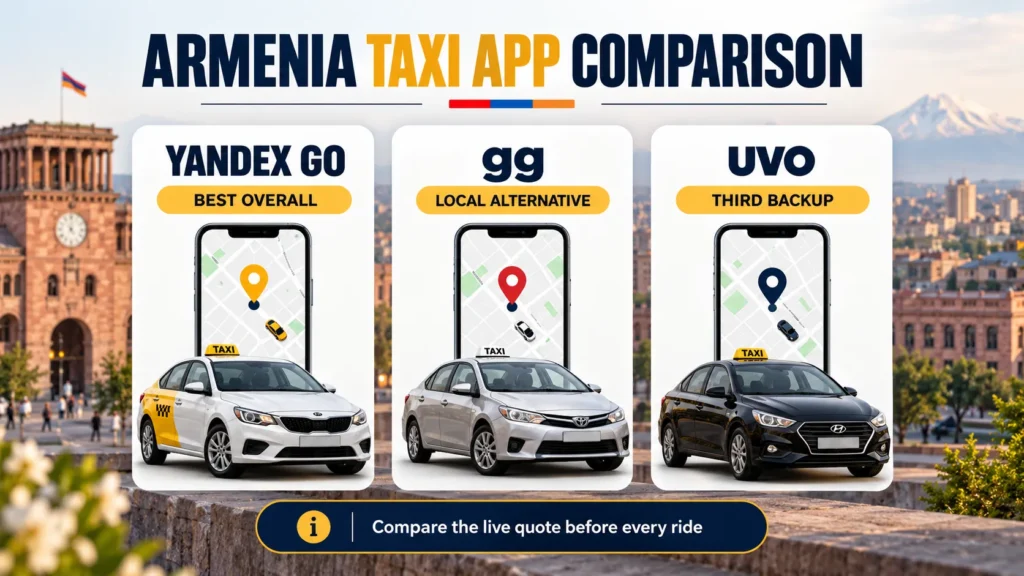 Comparison of Yandex Go, gg and UVO taxi apps in Armenia