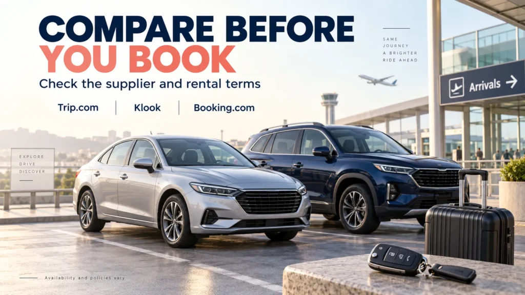 Comparing car rentals on Trip.com Klook and Booking.com