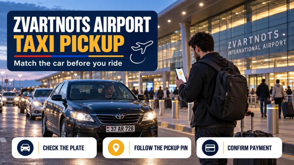 Taxi pickup planning at Zvartnots International Airport near Yerevan